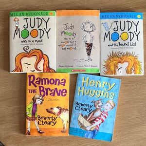 Set of 3 Judy Moody books and 2 Beverly Cleary books.